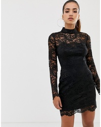 Missguided High Neck Lace Mini Dress In Black