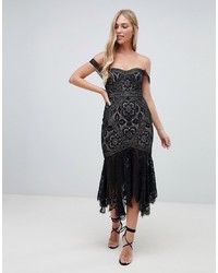 Forever New Lace Midi Dress With Pephem In Black