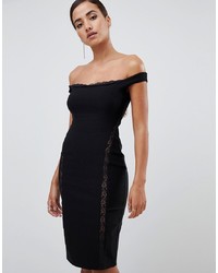 Vesper Lace Underlay Bardot Bodycon Midi Dress In Black