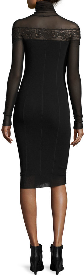 Momnfancy Black Tulle Sheer High Neck Long Sleeve Bodycon Bodysuit