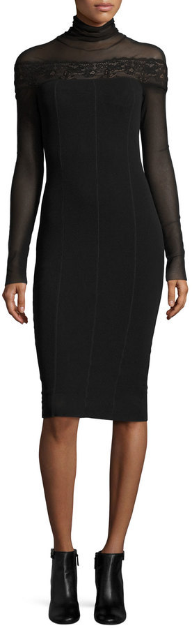 Fuzzi Long Sleeve Turtleneck Bodycon Dress W Sheer Lace Yoke Black, $440 |  Neiman Marcus | Lookastic