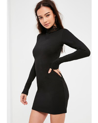 Missguided Black Crepe Lace Neck Bodycon Dress