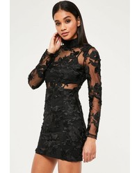 Missguided Black High Neck Mesh Lace Bodycon Dress