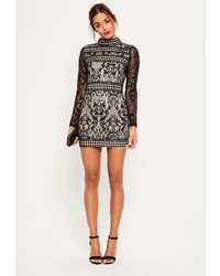 Missguided Black Lace Long Sleeve High Neck Bodycon Dress