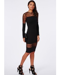 Missguided Crepe Long Sleeve Lace Pannelled Midi Dress Black