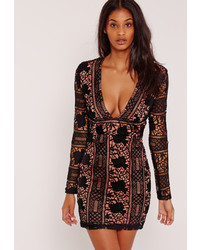 Missguided Lace Long Sleeve Plunge Bodycon Dress Black