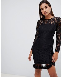 Love Triangle Open Back Lace Bodycon Dress With Tassel Skirt Detail In Black