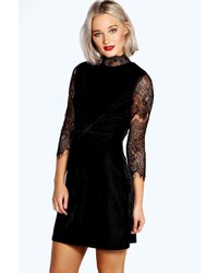 Boohoo Riona High Neck Lace And Velvet Bodycon Dress