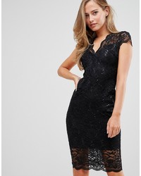 Flounce London Scalloped Sequin Lace Midi Dress With Cap Sleeve In Black