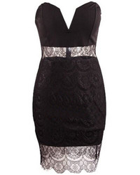 Strapless V Cut With Sheer Lace Bodycon Black Dress