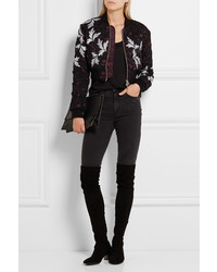 Self-Portrait Cropped Guipure Lace And Satin Bomber Jacket Black