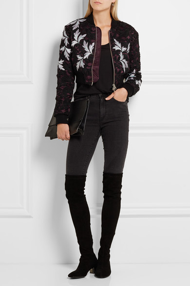 Self-Portrait Cropped Guipure Lace And Satin Bomber Jacket Black 