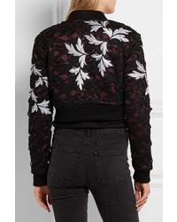 Self-Portrait Cropped Guipure Lace And Satin Bomber Jacket Black