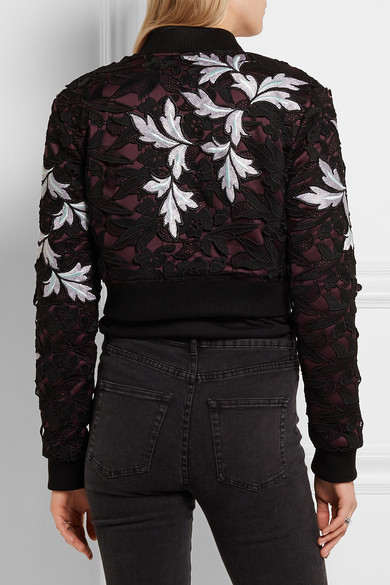 Self-Portrait Cropped Guipure Lace And Satin Bomber Jacket Black 
