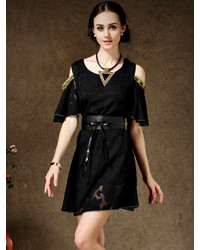 Choies Black Beaded Ruffled Sleeves Lace Dress With Belt