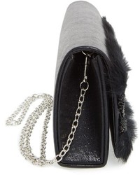 Natasha Couture Lace Faux Fur Embellished Clutch Black