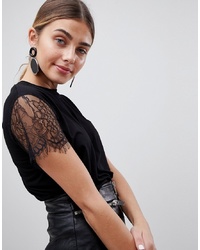 PrettyLittleThing Basic Lace Sleeve T Shirt In Black