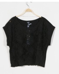 ChicNova Short Sleeves Lace T Shirt With Three Diional Volume Flower
