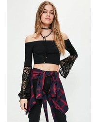 Missguided Black Lace Sleeve Bardot Crop Top