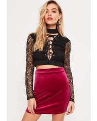 Missguided Black Lace Up Choker Neck Long Sleeve Crop Top