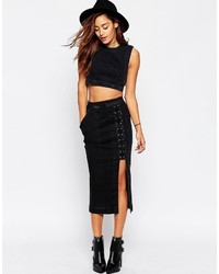 Asos Denim Crop Top With Lace Up Side In Washed Black