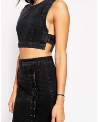 Asos Denim Crop Top With Lace Up Side In Washed Black