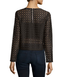 Neiman Marcus Long Sleeve Cropped Lace Jersey Top Black