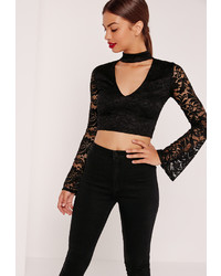 Missguided Lace Choker Neck Flare Sleeve Crop Top Black