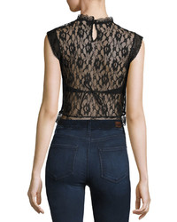 Romeo & Juliet Couture Sheer Lace Paneled Crop Top Black