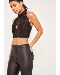 Missguided High Neck Lace Open Front Crop Black