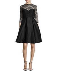 Monique Lhuillier 34 Sleeve Lace Bodice Full Skirt Short Dress Black