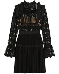 Self-Portrait Adeline Organza Trimmed Guipure Lace And Crepe Mini Dress Black