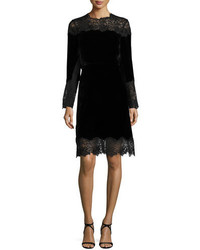 Elie Tahari Anderson Long Sleeve Velvet Lace A Line Dress Black