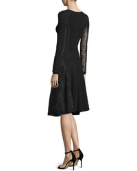 Oscar de la Renta Button Front Lace Inset Dress Black