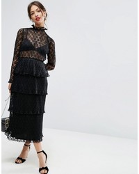 Asos High Neck Dress With Tiered Hem In Lace