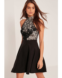 Missguided High Neck Lace Top Skater Dress Black