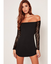 Missguided Lace Long Sleeve Bardot Mini Dress Black