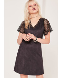 Missguided Lace Sleeve Faux Suede Dress Black