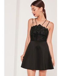 Missguided Lace Top Double Strap Skater Dress Black