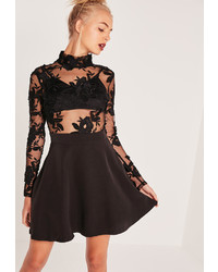 Missguided Lace Top Long Sleeve Skater Dress Black