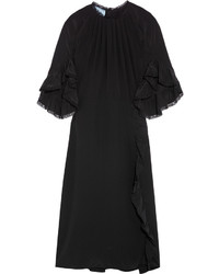 Prada Ruffled Lace Trimmed Silk Crepe De Chine Dress Black