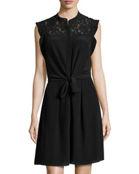 Rebecca Taylor Sleeveless Lace Yoke Tie Front Dress Black