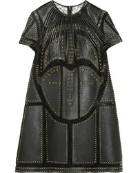 Valentino Studded Leather Paneled Lace Mini Dress Black