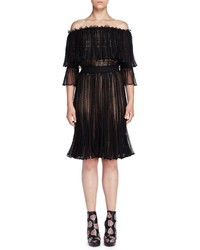 Alexander McQueen Tiered Lace Off The Shoulder Dress Blackcameo