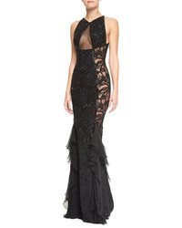 Emilio Pucci Beaded Lace Sheer Panel Gown Nero Black