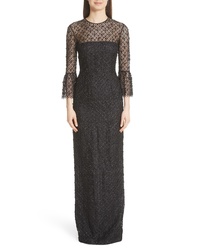 Carmen Marc Valvo Couture Bell Sleeve Lace Crystal Gown