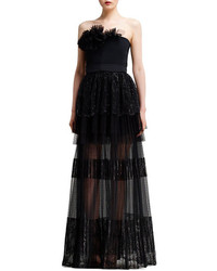 Chloé Chloe Strapless Tiered Lace Gown Black