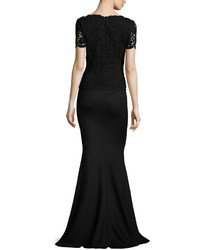 St. John Collection Rumba Knit Lace Bodice Short Sleeve Gown Caviar