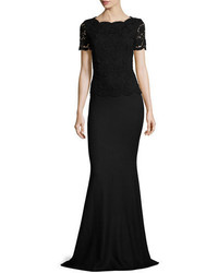 St. John Collection Rumba Knit Lace Bodice Short Sleeve Gown Caviar