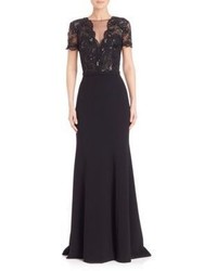 Theia Crepe Lace Bodice Gown